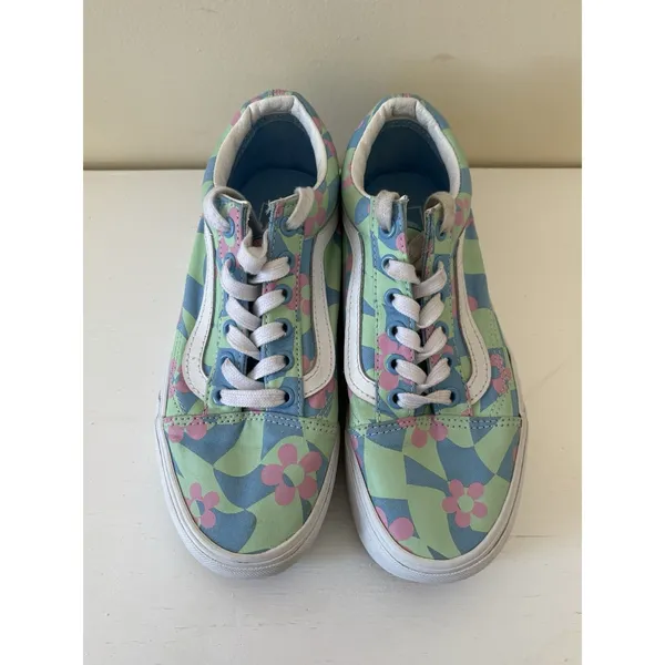 Vans Old Skool Checkerboard Women's 7 Stackform Platform Sneaker Floral Blue - Image 8