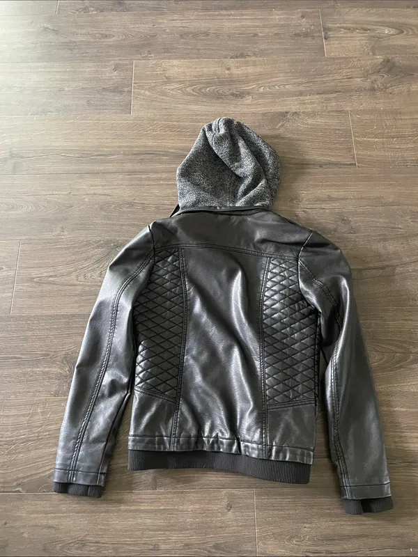Women’s Mo-Ka Hooded Faux Leather Black Bomber Jacket, Size Small - Image 7