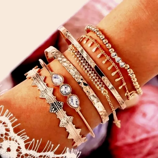 NEW Solid Gold‎ Plated 7 pc Boho Stacking Bracelet Set - Image 7