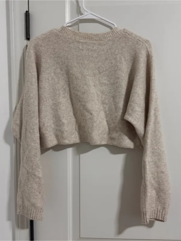 Open Edit Cropped Crewneck Sweater in Light Taupe - Image 3
