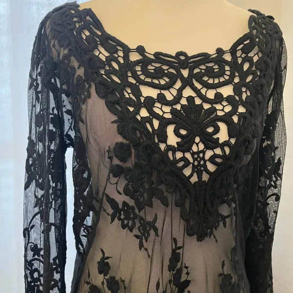 XCVI Sheer Mesh Lace Tunic Top‎ Dress XS Bell Sleeves Dark Romantic Whimsigoth - Image 2