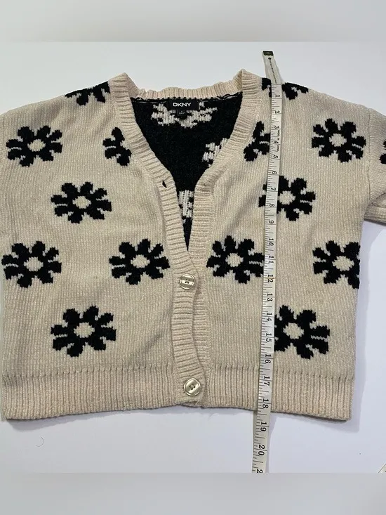 DKNY Cream Cropped Button Up Cardigan with Black Flower Print size L - Image 6