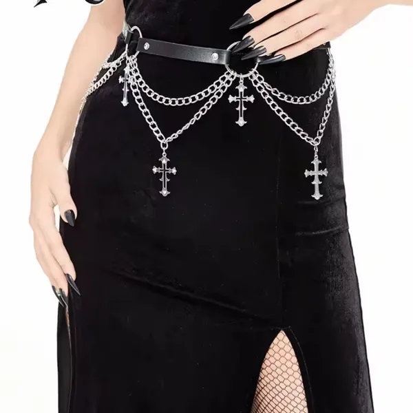 Black and Silver Chain Belt with Cross Charms - Image 2