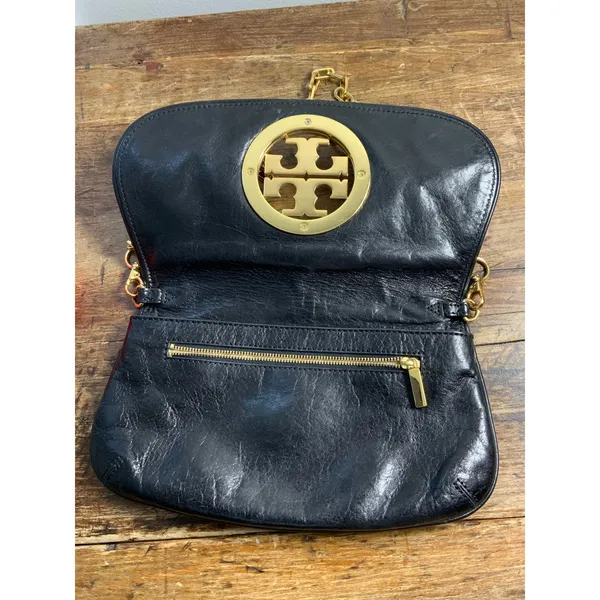 Tory Burch Reva Black Leather Detachable Gold Chain‎ Crossbody Clutch - Image 8