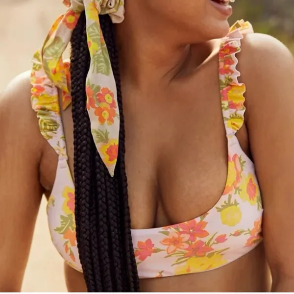 Aerie Floral‎ Printed Ruffle Scoop Bikini Top Boho Retro Size XS NWOT - Image 2
