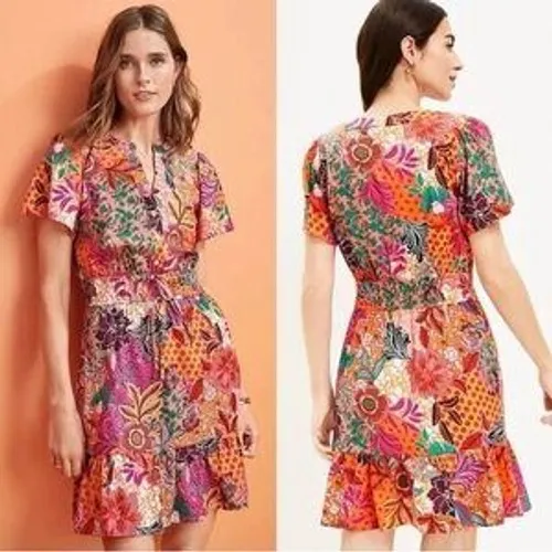 LOFT‎ NWOT Floral Patchwork Smocked Mini Dress Orange Pink Multi Summer Small - Image 2