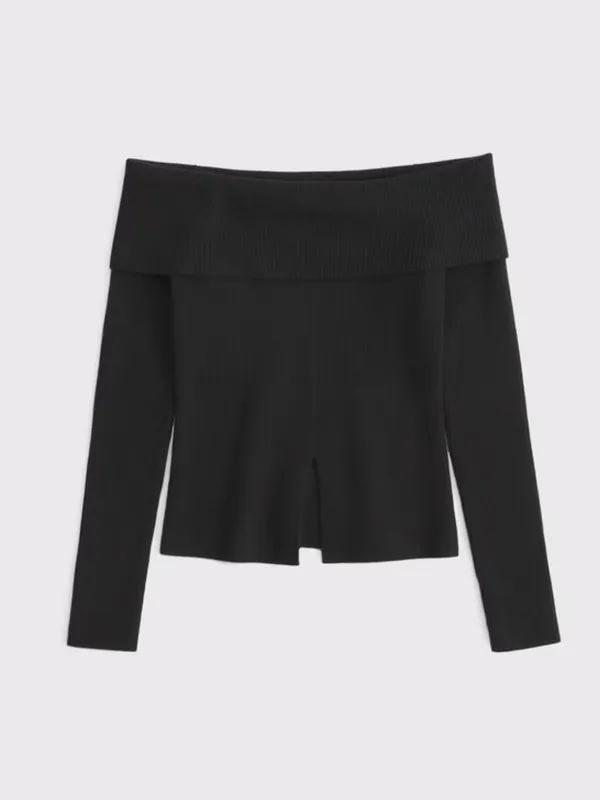 Abercrombie & Fitch Ribbed Knit Off-The-Shoulder Cutaway Sweater Black Size M - Image 3