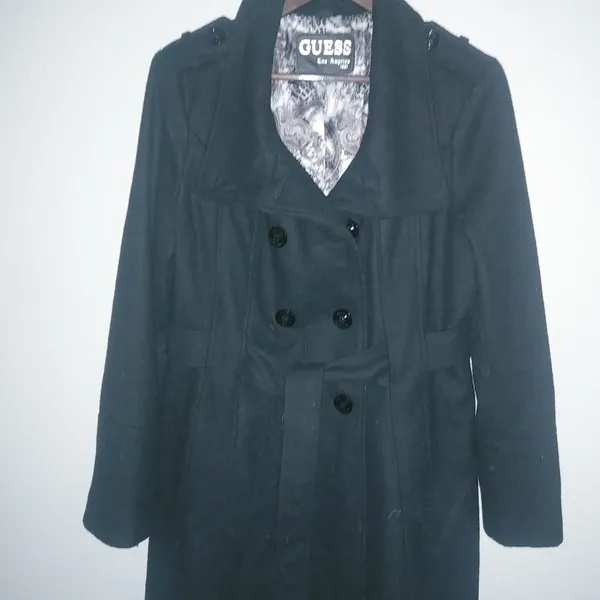Guess L Full Length Logo Lined Pea Coat Double Breasted Belted Wool in Black - Image 6