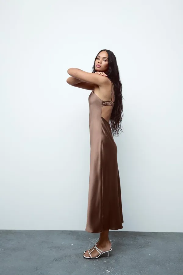 Zara dress midi maxi satin wedding lingerie chocolate brown party cocktail - Image 18
