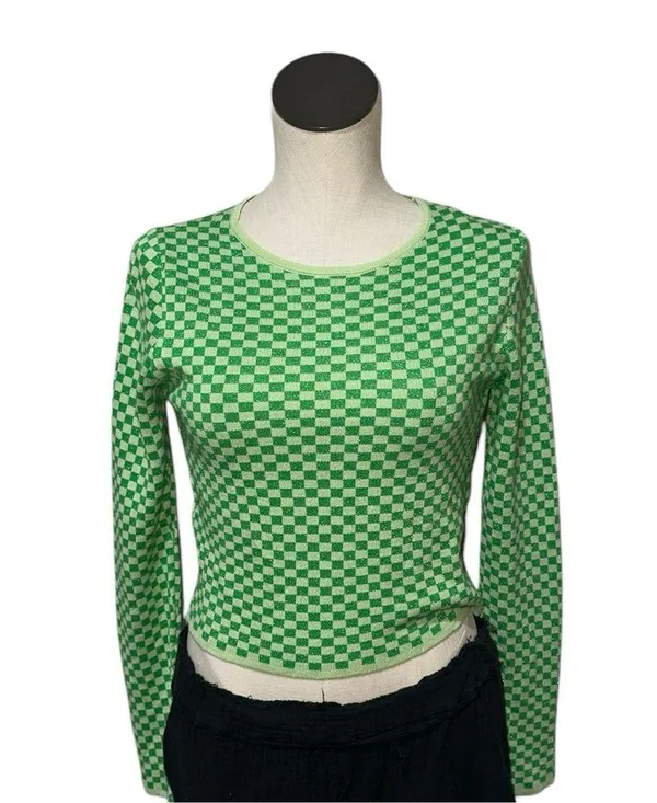NWT MANGO Checks knitted sweater Green Shimmery Small y2k - Image 6