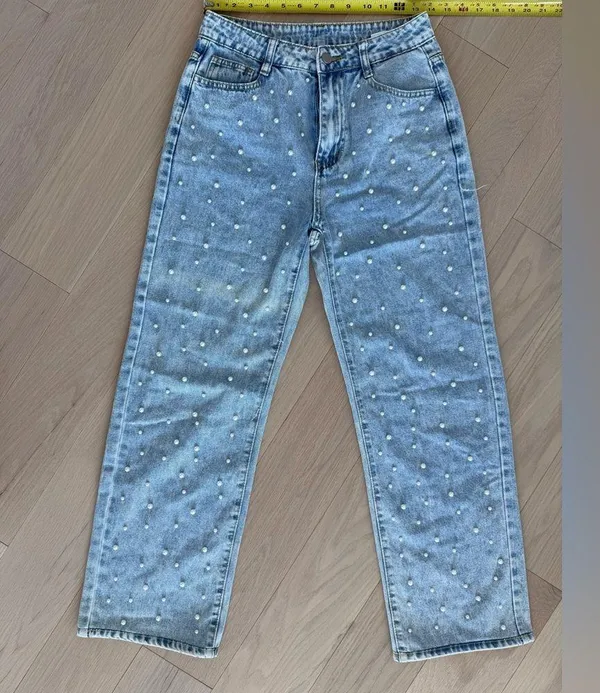 Women's Light Blue Pearl Beaded Slightly Flare Jeans - Image 2