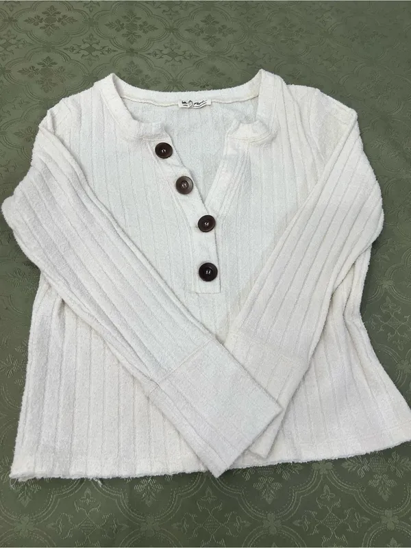 We The Free by free people Cream Ribbed Button-Front Long Sleeve Top - Image 4