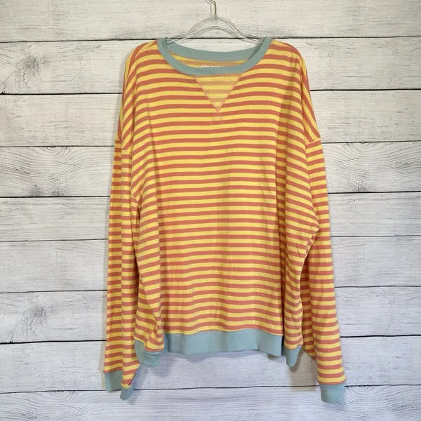 We The Free People Classic Stripe Crew Sweatshirt Oversized Yellow Size XL Boho‎ - Image 3