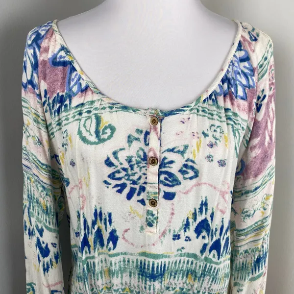 O'Neill Pastel Watercolor Floral Tie Front Boho Scoop Neck Peasant Blouse XL - Image 2