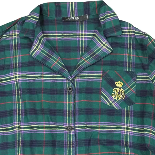 Lauren Ralph Lauren Womens Green Plaid Pajama Set Gold Crest Sleepwear Large - Image 2