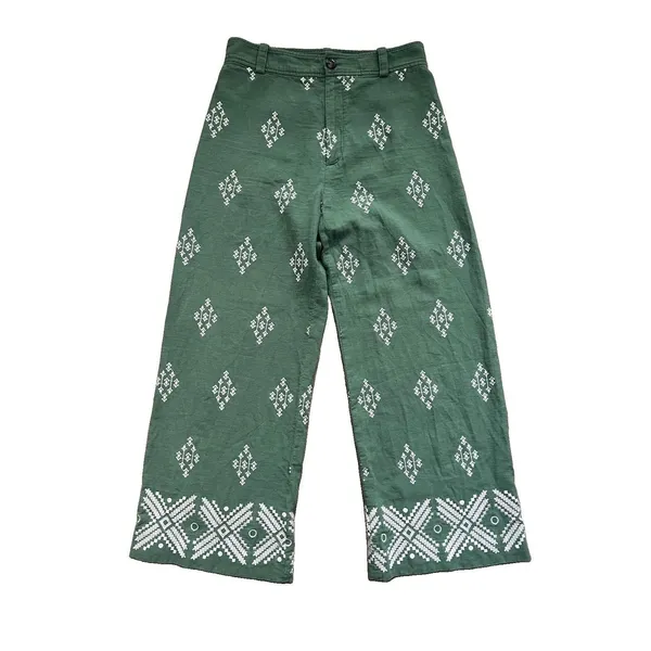 Zara Embroidered Trousers Size M High Waist Green Cropped Wide Leg - Image 2
