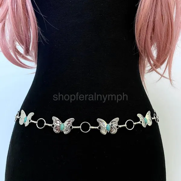 Silver Y2K Western Butterfly Turquoise Chain Belt, Fits 24-42 Inches, X7GA1343 - Image 3