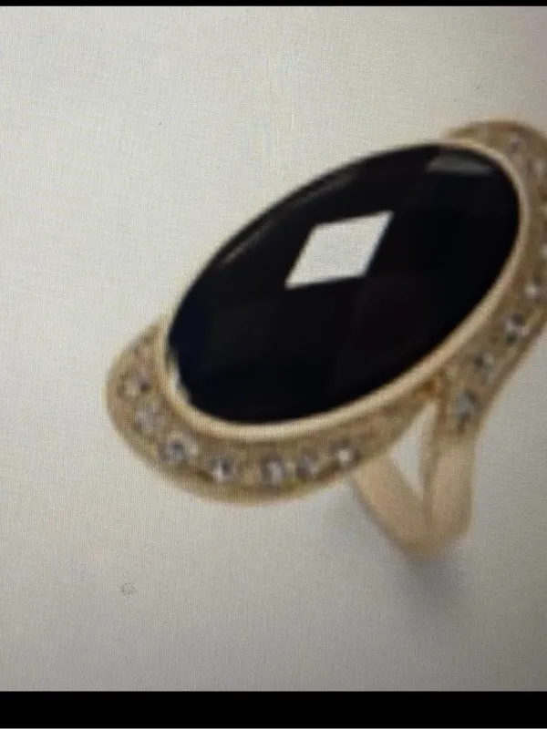 Gold-Tone Black Oval Large Jet Stone Ring with Crystal Accents Size 9 - Image 5