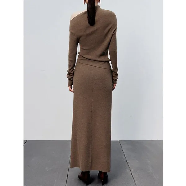 Commense NEW Caramel Slit Maxi Knit Set Skirt and Top Size M Ribbed Asymmetrical - Image 3