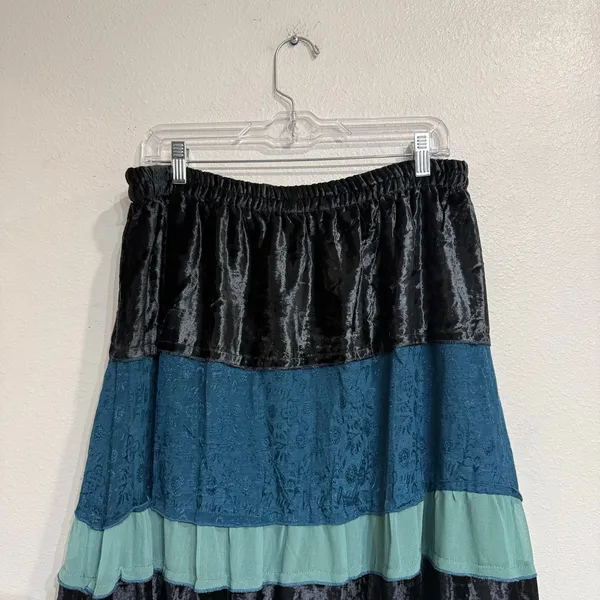 Agapo Teal Tiered Velvet Jacquard Boho Midi Skirt Sz L - Image 7