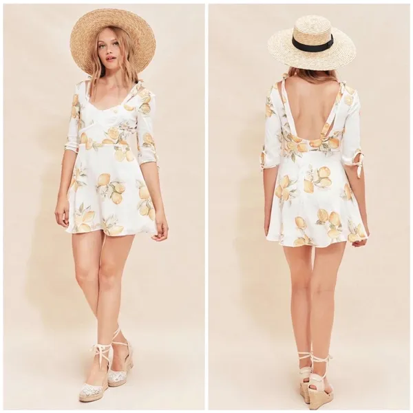 For Love & Lemon Mini Dress Women Medium White Lemon Print Cottagecore Tie Strap - Image 2