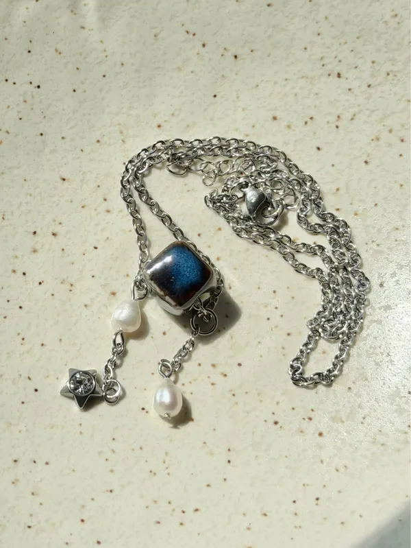 Handmade cube ceramic bead unique boho fairy necklace💙 - Image 4