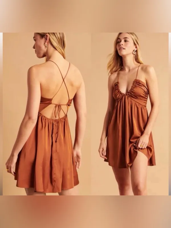 Abercrombie & Fitch Rust Orange Satin Silky Strappy Mini Dress XS - Image 2