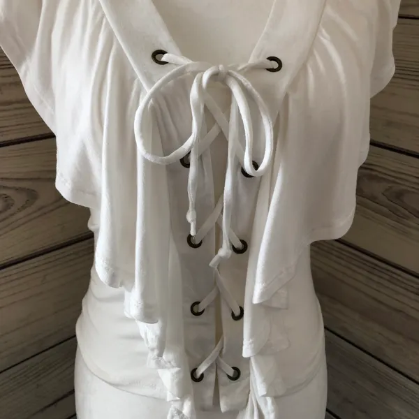 Self Esteem White Ruffle Lace Up Sleeveless Top - Image 3