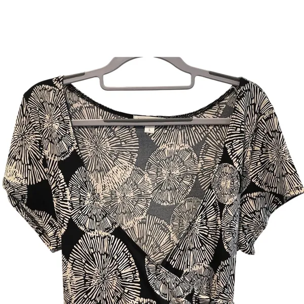 John‎ Paul Richard Faux Wrap Dress Black Cream Abstract Starburst Womens Large - Image 2