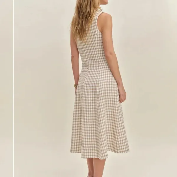 Reformation | Sebastien 100% Linen Gingham Button Front Midi Dress in Natural - Image 3