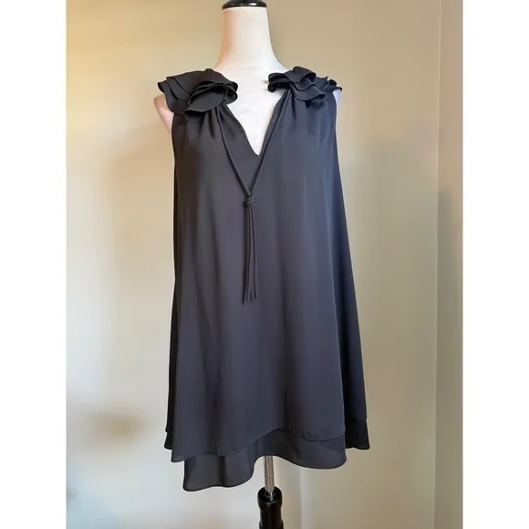 Amanda Uprichard Black Ruffle V-Neck‎ Sleeveless Shift Mini Dress Small classic - Image 3