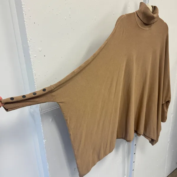 Alfani Turtleneck Batwing Sleeve Poncho Sweater Small Button Detail Tan Brown - Image 3