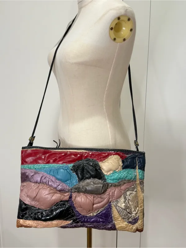 Vintage Snakeskin Reptile Patchwork Purse Puffy Shoulder Bag Unique Whimsy 80s Black - Image 3