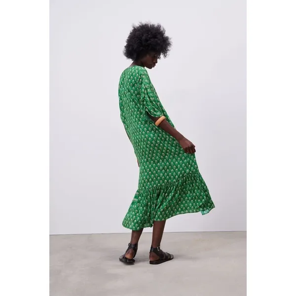 Zara Green Block Print Floral Hem Midi Dress XS Boho Prairie Cottage Relaxed - Image 13