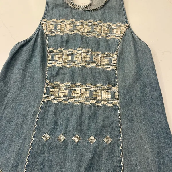 Free People Embroidered Chambray Denim Mini Dress | Size XS | Aztec Racerback - Image 5