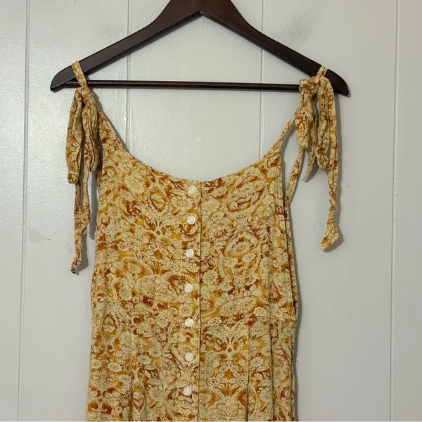Free People Boho Maxi Dress M Yellow Paisley Smocked Tie Strap Flowy Festival - Image 3