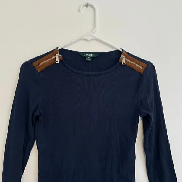 LAUREN RALPH LAUREN LRL Gacy Zip Shoulder Crew Navy Blue Long Sleeve Cotton Top - Image 3