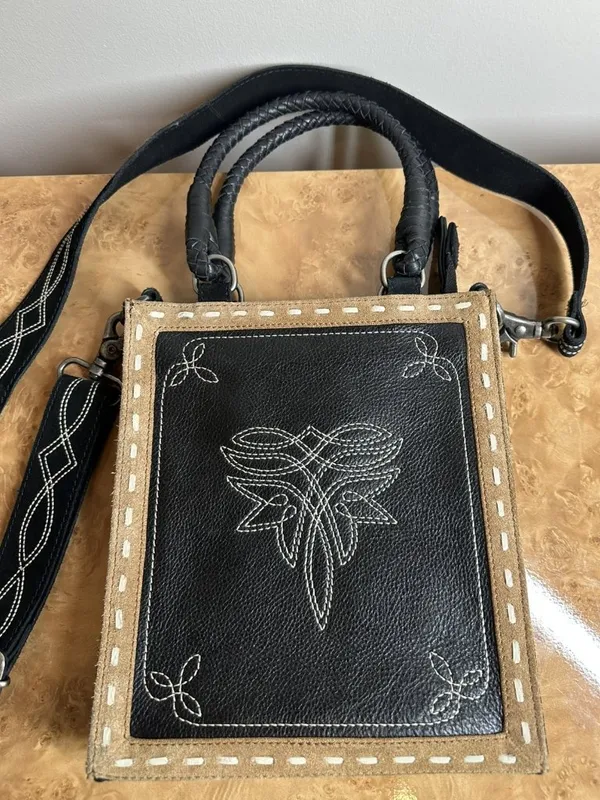 Idyllwind Black Leather & Suede Western Crossbody Tote Bag Embroidered Strap - Image 3