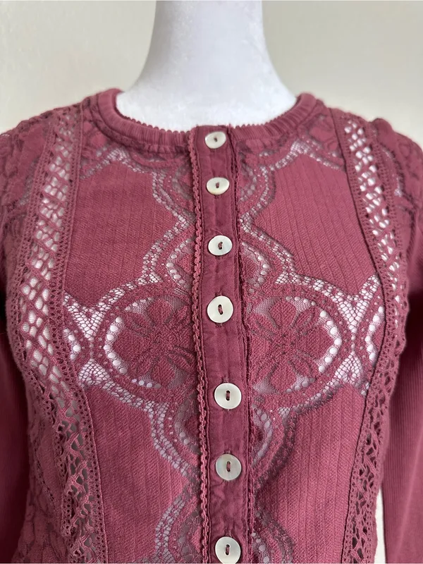 FREE PEOPLE Jae Knit Sheer Lace Long Sleeve Top Cardigan Cropped Y2K Boho XS - Image 9