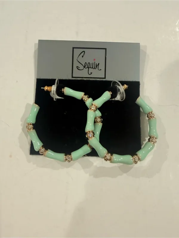 $45 Nordstrom sequin Mint Green Crystal Bamboo-Style Hoop Earrings cute gift - Image 2