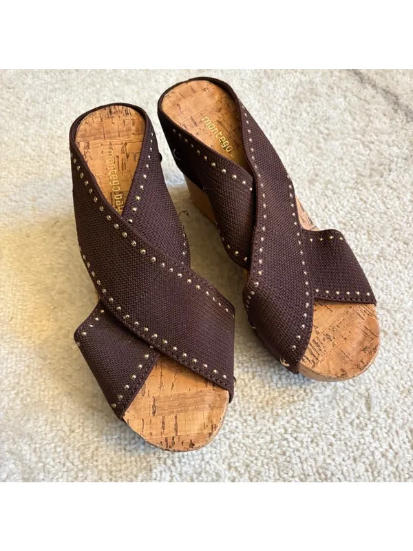 Montego Bay Club Brown Cork Wedge Sandals Studded Resort Wear Y2K - Image 5