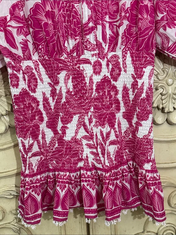 Farm Rio Tropical Woodcut Dress Pink Floral Appliqué Lace Resort Wear Smocked L - Image 5