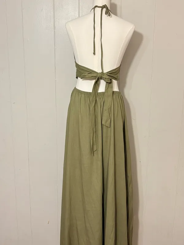 VICI Olive Green Halter Cutout Maxi Dress Linen Blend Open Back Size Large - Image 6
