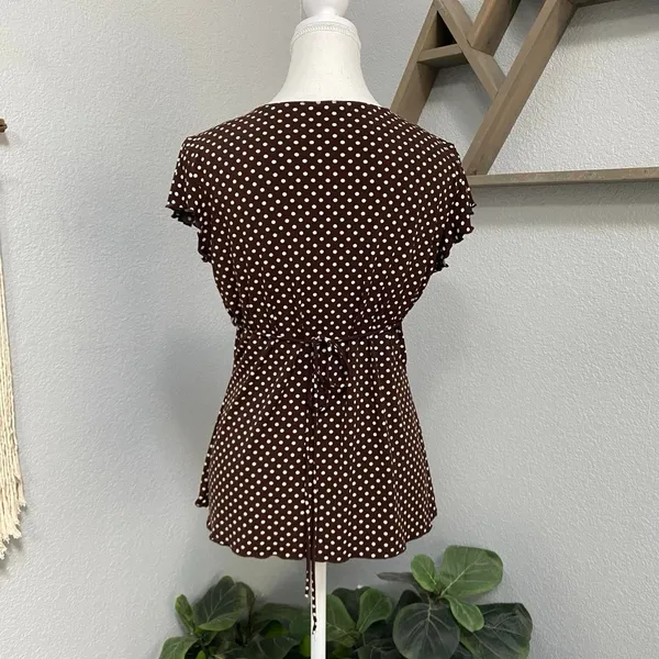 Jtb Brown Polka Dot Babydoll Tie Back Top Flutter Sleeves Cottagecore Dark Fairy - Image 4