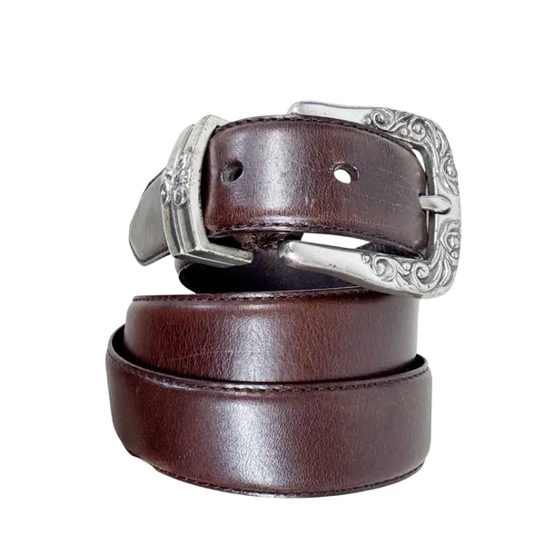 VINTAGE Fossil Brown Leather Western Engraved Silver Belt Medium Ornate Boho‎ - Image 2