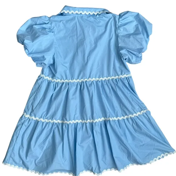 Mainstrip Puffed Sleeve Ric Rac Trimmed Solid Mini Dress‎ Blue Size Large - Image 5