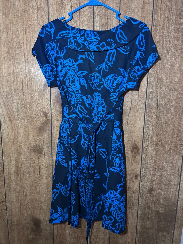 Free People 0 Blue Floral Linen Blend Button Front Tie Waist Dress Pockets - Image 3