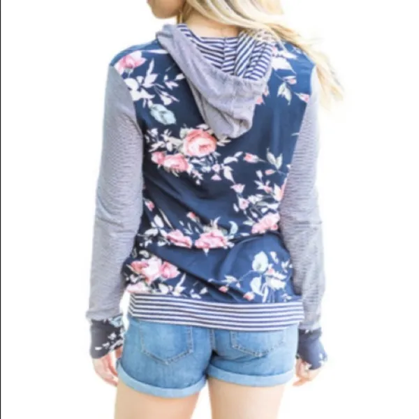 Blue Pinstripe & Floral Hoodie - Image 2