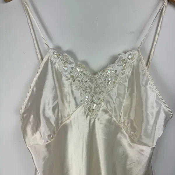 Vtg Y2K Cinema Etoile Satin Slip Cami Tank Embellished Lace Sz Large - Image 3