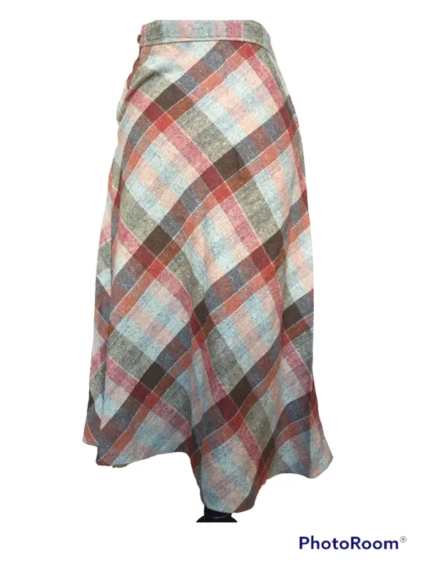 Vintage 70s Wool Diagonal Plaid Check Earth Tone Brown Red Tan A Line Midi Skirt - Image 2
